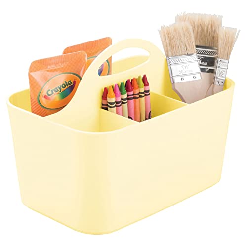 mDesign Art Supplies Organiser – Practical Plastic Arts and Crafts Storage Box with Carrying Handle – Desk Organiser with Compartments for Storing Many Items – Light Yellow