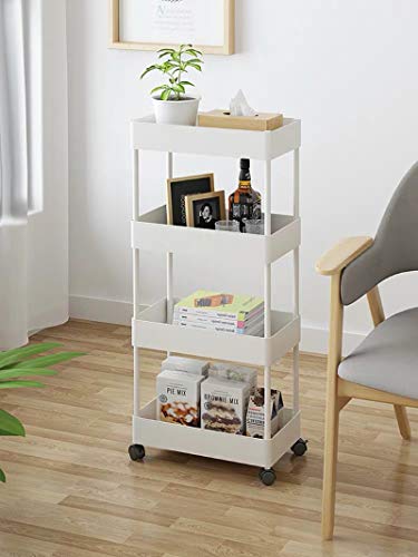 Storage Trolley Cart 4-Tier Storage Cart Rolling Cart Plastic Utility Cart Multi-purpose Trolley Organizer Cart with Casters Organizer on wheels for Office kitchen Bathroom Bedroom (White)