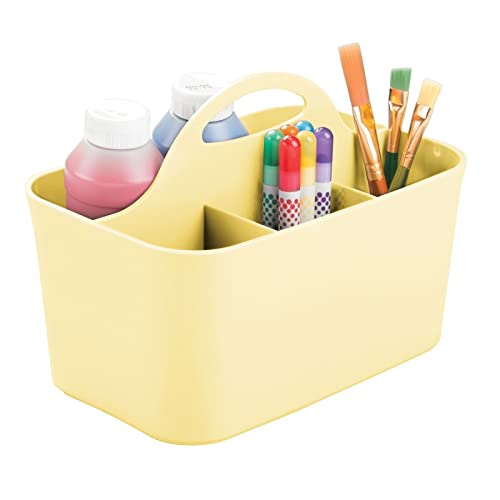 mDesign Art Supplies Organiser – Practical Plastic Arts and Crafts Storage Box with Carrying Handle – Desk Organiser with Compartments for Storing Many Items – Light Yellow