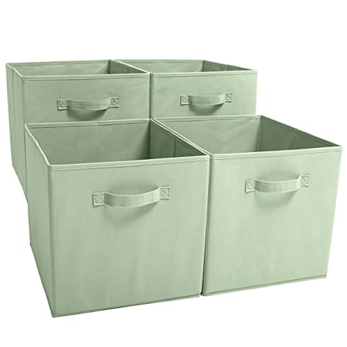 EZOWARE Set of 4 Collapsible Storage Cubes, Foldable Fabric Organizer Basket Bin Boxes Set With Handles for Baby Kids Toy Nursery Room Home Closet Drawers - 33 x 37 x 33cm / Pastel Green