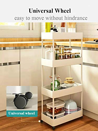 Storage Trolley Cart 4-Tier Storage Cart Rolling Cart Plastic Utility Cart Multi-purpose Trolley Organizer Cart with Casters Organizer on wheels for Office kitchen Bathroom Bedroom (White)