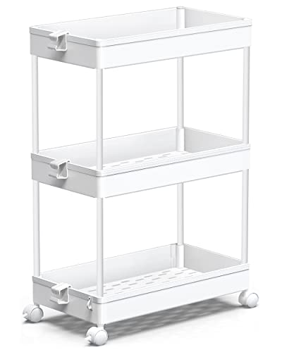 SPACEKEEPER Storage Trolley 3-Tier Slide Out Rolling Utility Cart Storage Shelf Rack on Wheels Multi-purpose Shelving Organizer for Office, Kitchen, Bedroom, Bathroom, Laundry Room & Dressers, White