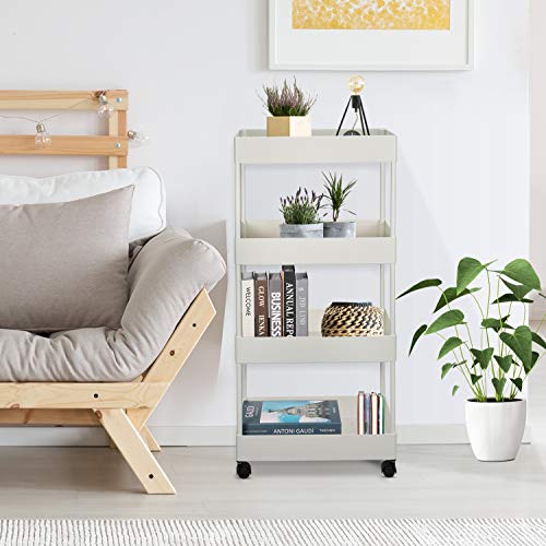 Storage Trolley Cart 4-Tier Storage Cart Rolling Cart Plastic Utility Cart Multi-purpose Trolley Organizer Cart with Casters Organizer on wheels for Office kitchen Bathroom Bedroom (White)
