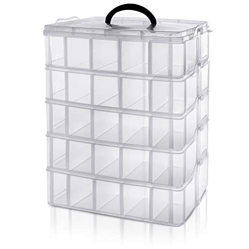BELLE VOUS 5 Tier Tall Clear Transparent Plastic Stackable Storage Box - Adjustable Compartment Slots - Maximum 50 Compartments - Container for Storing Toys, Jewellery, Beads, Arts & Crafts, Tools