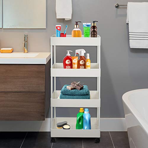 Storage Trolley Cart 4-Tier Storage Cart Rolling Cart Plastic Utility Cart Multi-purpose Trolley Organizer Cart with Casters Organizer on wheels for Office kitchen Bathroom Bedroom (White)