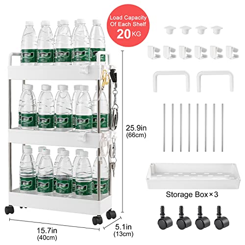 3-Tier Slim Storage Trolley Slide Out Rolling Utility Shelf Rack Storage Cart on Wheels Multi-purpose Shelving Unit Organizer for Kitchen/Bathroom/ Laundry Room/Office,Plastic & Stainless Steel(White)