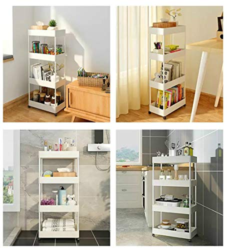 Storage Trolley Cart 4-Tier Storage Cart Rolling Cart Plastic Utility Cart Multi-purpose Trolley Organizer Cart with Casters Organizer on wheels for Office kitchen Bathroom Bedroom (White)