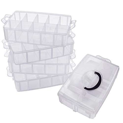 BELLE VOUS 5 Tier Tall Clear Transparent Plastic Stackable Storage Box - Adjustable Compartment Slots - Maximum 50 Compartments - Container for Storing Toys, Jewellery, Beads, Arts & Crafts, Tools