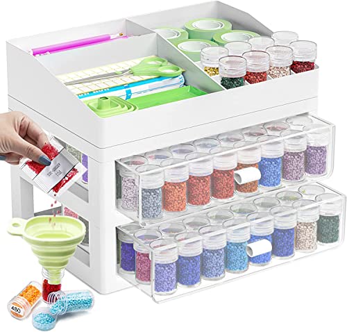 ARTDOT Storage Containers for Diamond Painting Accessories, 2 Drawers with 96 Slots Bead Storage Bottles and Diamond Art Tool Rack