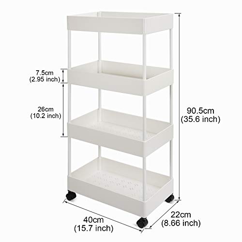 Storage Trolley Cart 4-Tier Storage Cart Rolling Cart Plastic Utility Cart Multi-purpose Trolley Organizer Cart with Casters Organizer on wheels for Office kitchen Bathroom Bedroom (White)