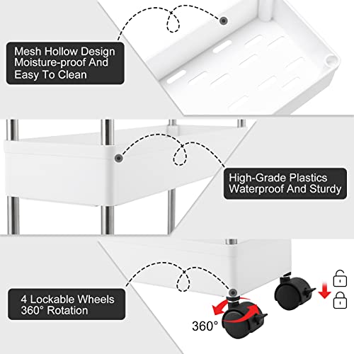 3-Tier Slim Storage Trolley Slide Out Rolling Utility Shelf Rack Storage Cart on Wheels Multi-purpose Shelving Unit Organizer for Kitchen/Bathroom/ Laundry Room/Office,Plastic & Stainless Steel(White)