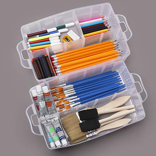 BELLE VOUS 5 Tier Tall Clear Transparent Plastic Stackable Storage Box - Adjustable Compartment Slots - Maximum 50 Compartments - Container for Storing Toys, Jewellery, Beads, Arts & Crafts, Tools