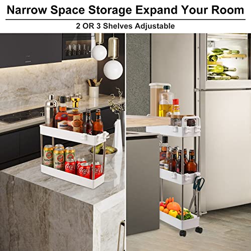 3-Tier Slim Storage Trolley Slide Out Rolling Utility Shelf Rack Storage Cart on Wheels Multi-purpose Shelving Unit Organizer for Kitchen/Bathroom/ Laundry Room/Office,Plastic & Stainless Steel(White)