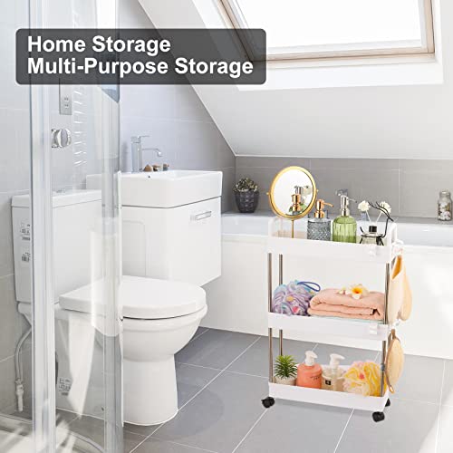 3-Tier Slim Storage Trolley Slide Out Rolling Utility Shelf Rack Storage Cart on Wheels Multi-purpose Shelving Unit Organizer for Kitchen/Bathroom/ Laundry Room/Office,Plastic & Stainless Steel(White)