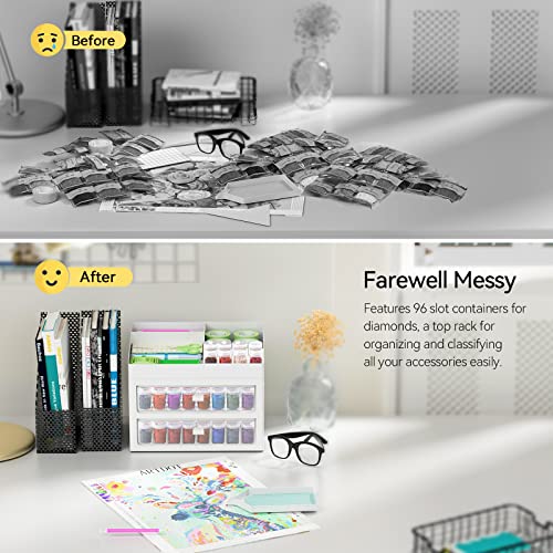 ARTDOT Storage Containers for Diamond Painting Accessories, 2 Drawers with 96 Slots Bead Storage Bottles and Diamond Art Tool Rack