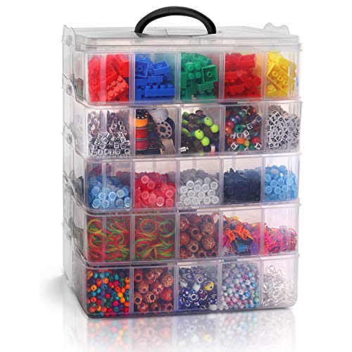 BELLE VOUS 5 Tier Tall Clear Transparent Plastic Stackable Storage Box - Adjustable Compartment Slots - Maximum 50 Compartments - Container for Storing Toys, Jewellery, Beads, Arts & Crafts, Tools