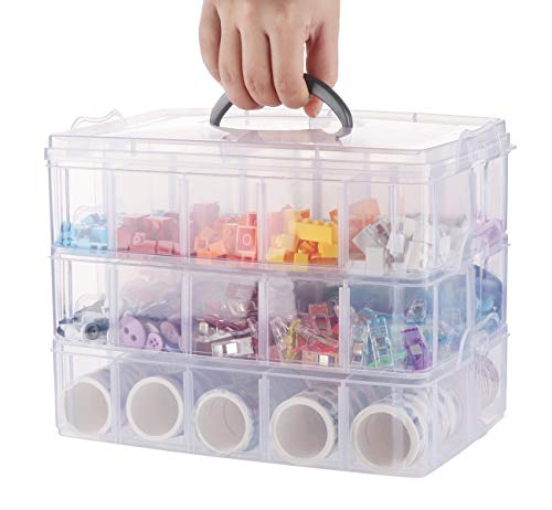 Anstore Craft Storage Box with Compartments, 3-Tier 30 Sections Transparent Stackable Plastic Box Organiser with Handle, Practical Sorting Box for Crafts, Jewelry, Toy, Sewing Accessories