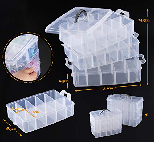 Anstore Craft Storage Box with Compartments, 3-Tier 30 Sections Transparent Stackable Plastic Box Organiser with Handle, Practical Sorting Box for Crafts, Jewelry, Toy, Sewing Accessories