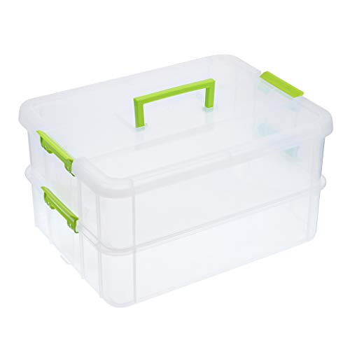 SUMNACON 2-Tier Stackable Craft Storage Box Plastic Adjustable Storage Containers with Carry Handle Transparent Containers Organiser for Art & Craft Toys, Sewing Accessories, Green