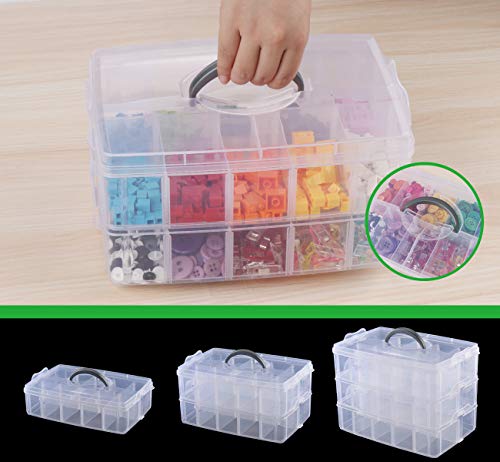 Anstore Craft Storage Box with Compartments, 3-Tier 30 Sections Transparent Stackable Plastic Box Organiser with Handle, Practical Sorting Box for Crafts, Jewelry, Toy, Sewing Accessories