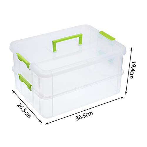 SUMNACON 2-Tier Stackable Craft Storage Box Plastic Adjustable Storage Containers with Carry Handle Transparent Containers Organiser for Art & Craft Toys, Sewing Accessories, Green