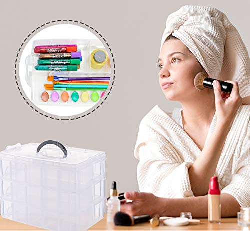 Anstore Craft Storage Box with Compartments, 3-Tier 30 Sections Transparent Stackable Plastic Box Organiser with Handle, Practical Sorting Box for Crafts, Jewelry, Toy, Sewing Accessories