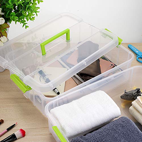 SUMNACON 2-Tier Stackable Craft Storage Box Plastic Adjustable Storage Containers with Carry Handle Transparent Containers Organiser for Art & Craft Toys, Sewing Accessories, Green