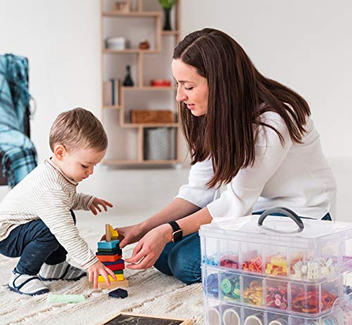 Anstore Craft Storage Box with Compartments, 3-Tier 30 Sections Transparent Stackable Plastic Box Organiser with Handle, Practical Sorting Box for Crafts, Jewelry, Toy, Sewing Accessories