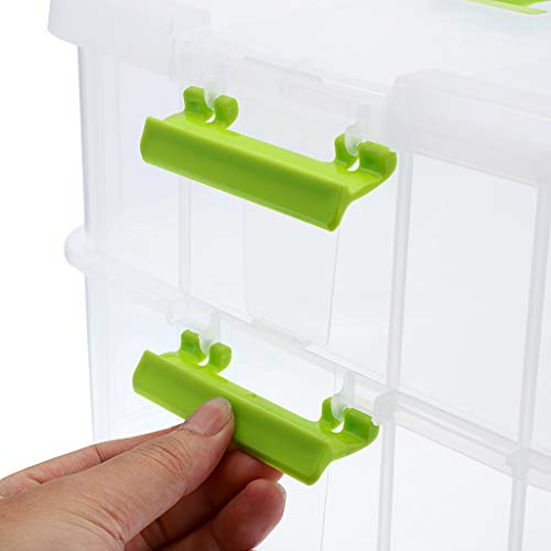 SUMNACON 2-Tier Stackable Craft Storage Box Plastic Adjustable Storage Containers with Carry Handle Transparent Containers Organiser for Art & Craft Toys, Sewing Accessories, Green