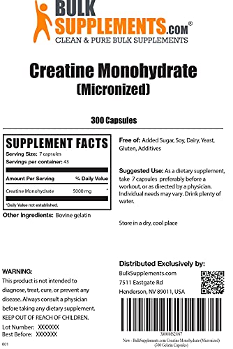 BULKSUPPLEMENTS.COM Creatine Monohydrate Capsules - Creatine Pills - Creatine Nutritional Supplements - Micronized Creatine - Creatine Supplements (300 Gelatin Capsules - 43 Servings)