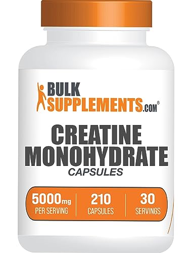BULKSUPPLEMENTS.COM Creatine Monohydrate Capsules - Micronized Creatine Monohydrate, Vegan Creatine, Creatine Pills - 7 Creatine Capsules per Serving, 5000mg, Gluten Free, 210 Capsules