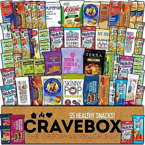 CRAVEBOX Healthy Snack Box Variety Pack Care Package (55 Count) Treats Gift Basket Kids Teens Men Women Adults Health Food Nuts Fruit Nutrition Assortment Mix Sample College Students Office Back to School