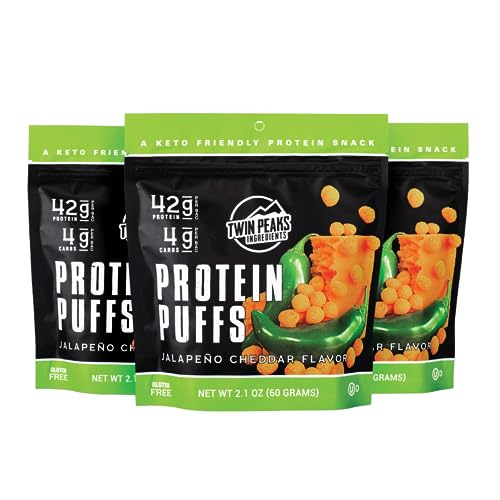 Twin Peaks Low Carb, Keto Friendly Protein Puffs, (Jalapeno Cheddar, 2.1 Ounce), 2 Servings, 3 Pack (60g, 42g Protein, 4g Carbs)
