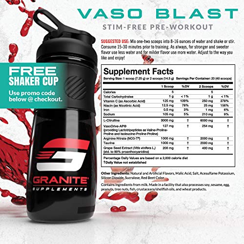 Granite® Vaso Blast Advanced 'Stim-Free' Pre-Workout | Supports Vasodialation, NO Conversion, & ACE Inhibition for Max Pump with Grapeseed Extract, Arginine Nitrite, & VasoDrive-AP® (Blood Orange)
