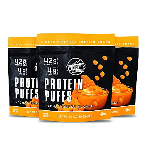 Twin Peaks Low Carb, Keto Friendly Protein Puffs, (Nacho Cheese), 2 Servings, 3 Pack (60g, 42g Protein, 4g Carbs)