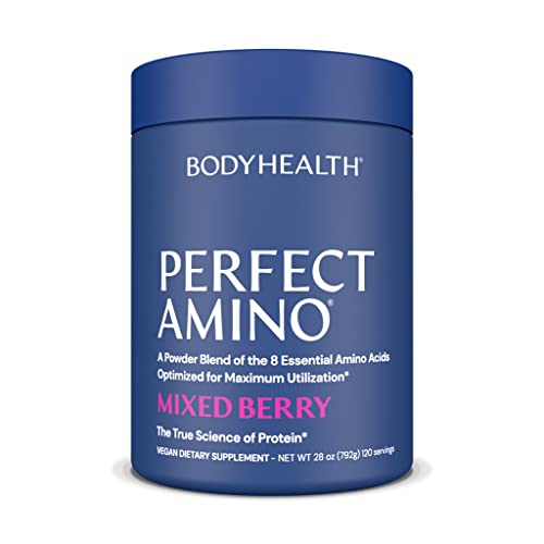 BodyHealth PerfectAmino Powder Mixed Berry (120 Servings) Best Pre/Post Workout Recovery Drink, 8 Essential Amino Acids Energy Supplement with 50% BCAAs, 100% Organic, 99% Utilization