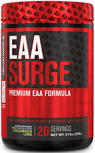 Jacked Factory EAA Surge Essential Amino Acids Powder - EAAS & BCAA Intra Workout Supplement w/L-Citrulline, Taurine, & More for Muscle Building, Strength, Endurance, Recovery - Cucumber Lime, 20sv