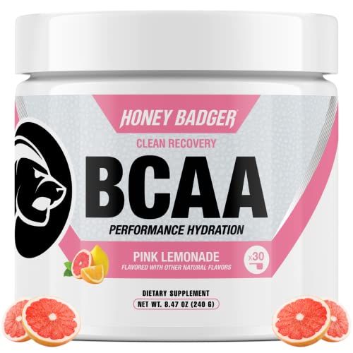 Honey Badger BCAA Amino Acids Electrolytes Powder, Keto, Vegan, Sugar Free BCAAs + EAA with L-Glutamine for Men & Women, Hydration & Post Workout Muscle Recovery Drink Mix, Pink Lemonade, 30 Servings