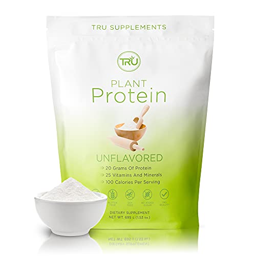 TRU Plant Based Protein Powder, BCAA, EAA, 20g Vegan Protein, 100 Calories, 27 Vitamins, No Artificial Sweeteners 25 Servings (Unflavored & Unsweetened)