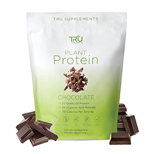 TRU Plant Based Protein Powder, BCAA, EAA, 20g Vegan Protein, 100 Calories, 27 Vitamins, No Artificial Sweeteners 25 Servings (Natural Chocolate Cream)