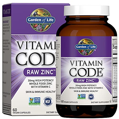Garden of Life Zinc Supplements 30mg High Potency Raw Zinc and Vitamin C Multimineral Supplement, Vitamin Code / Trace Minerals & Probiotics for Skin Health & Immune Support, 60 Vegan Capsules