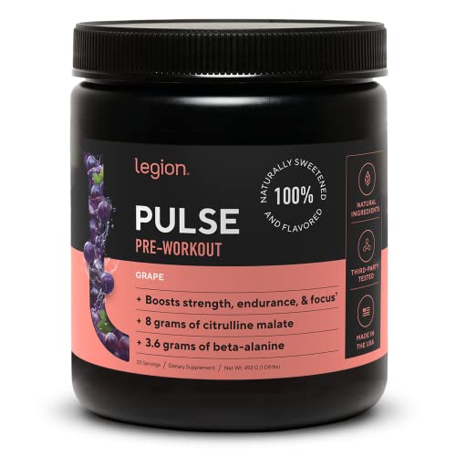 LEGION Pulse Pre Workout Supplement - All Natural Nitric Oxide Preworkout Drink to Boost Energy, Creatine Free, Naturally Sweetened, Beta Alanine, Citrulline, Alpha GPC (Grape)