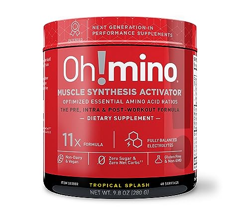 Oh!mino Pre Workout Powder, Amino Energy Blend, Sugar-Free Intra Workout or Post Workout Recovery Drink, Muscle Synthesis Activator, Caffeinated Tropical Splash, 280 g, 40 Servings - Oh!Nutrition