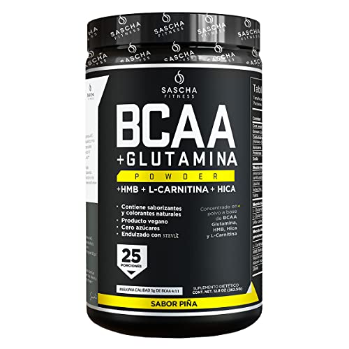 SASCHA FITNESS BCAA 4:1:1 + Glutamine,HMB,L-Carnitine, HICA | Powerful and Instant Powder Blend with Branched Chain Amino Acids (BCAAs) for Pre, Intra and Post-Workout | Natural Pineapple Flavor,350g