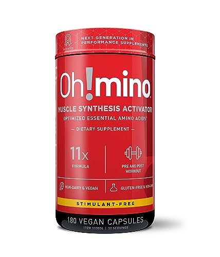 Oh!mino Amino Acids Supplement, Ultimate Muscle Synthesis Activator, Pre and Post Workout Vitamins for Body Conditioning and Muscle Recovery, 180 Vegan Muscle Builder Capsules - Oh!Nutrition