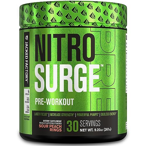NITROSURGE Pre Workout Supplement - Endless Energy, Instant Strength Gains, Clear Focus, Intense Pumps - Nitric Oxide Booster & Preworkout Powder with Beta Alanine - 30 Servings, Sour Peach Rings