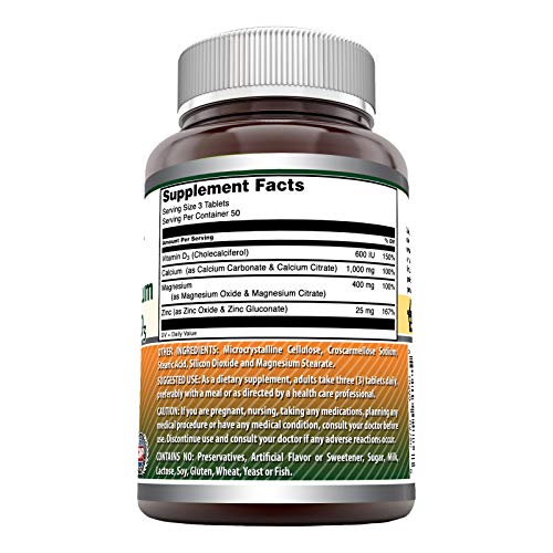 Amazing Formulas Calcium Magnesium Zinc D3 | 150 Tablets Supplement | Calcium 1000mg, Magnesium 400mg, Zinc 25mg, Vitamin D3 600 IU | Non-GMO | Gluten Free | Made in USA