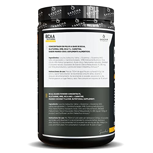 Sascha Fitness BCAA 4:1:1 + Glutamine, HMB, L-Carnitine, HICA | Powerful and Instant Powder Blend with Branched Chain Amino Acids (BCAAs) for Pre, Intra and Post-Workout (Natural Mango Coconut Flavor)