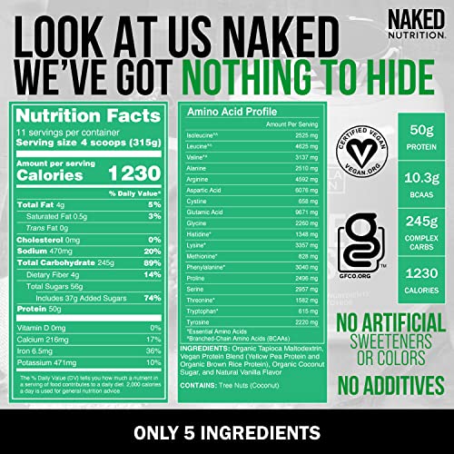 NAKED nutrition Naked Mass - Vanilla Vegan Weight Gainer - 8Lb Bulk, GMO Free, Gluten Free, Soy Free & Dairy Free. No Artificial Ingredients - 1,230 Calories - 11 Servings