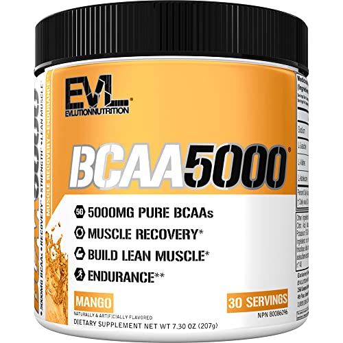 Evlution EVL BCAAs Amino Acids Powder - BCAA Powder Post Workout Recovery Drink and Stim Free Pre Workout Energy Drink Powder - 5g Branched Chain Amino Acids Supplement for Men - Mango